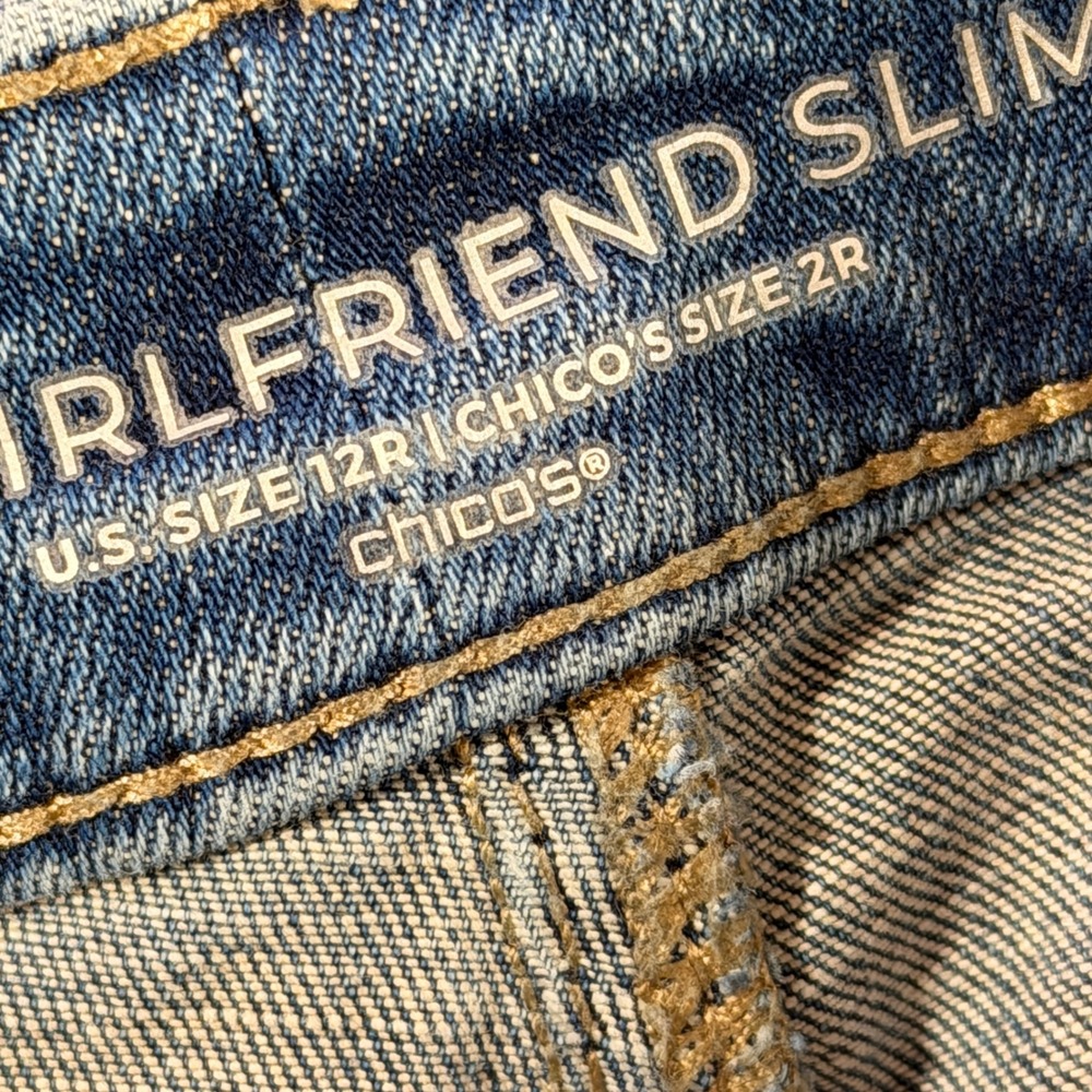 Chico's So Slimming Girlfriend Jeans Womens 12R Blue Floral Slim Leg Ankle - Picture 11 of 12